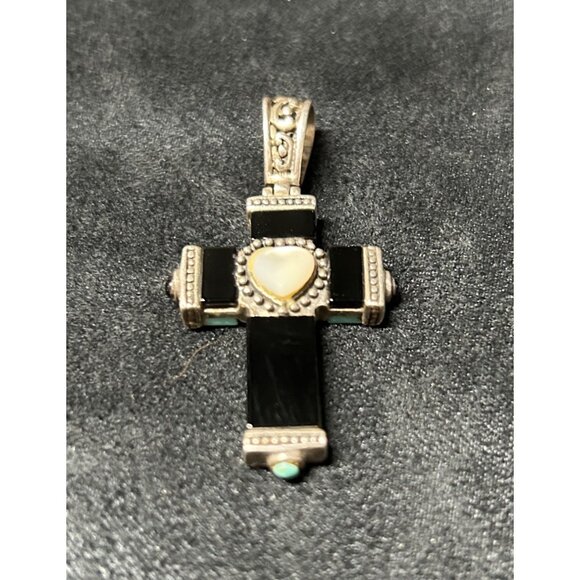 Stunning Sterling Silver Reversible Onyx MOP & Turquoise CROSS Pendant - Picture 4 of 4